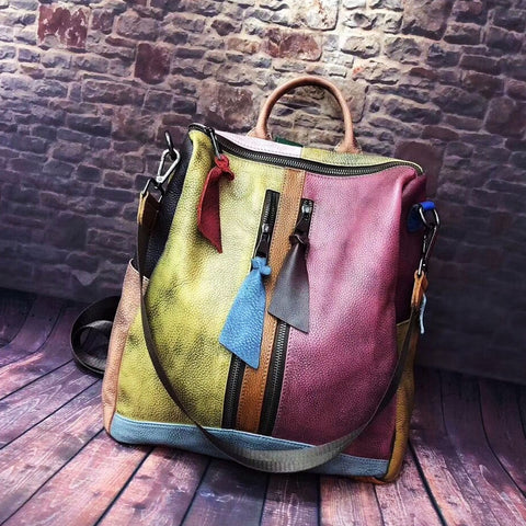 Multicolor Women Leather Zipper Backpack