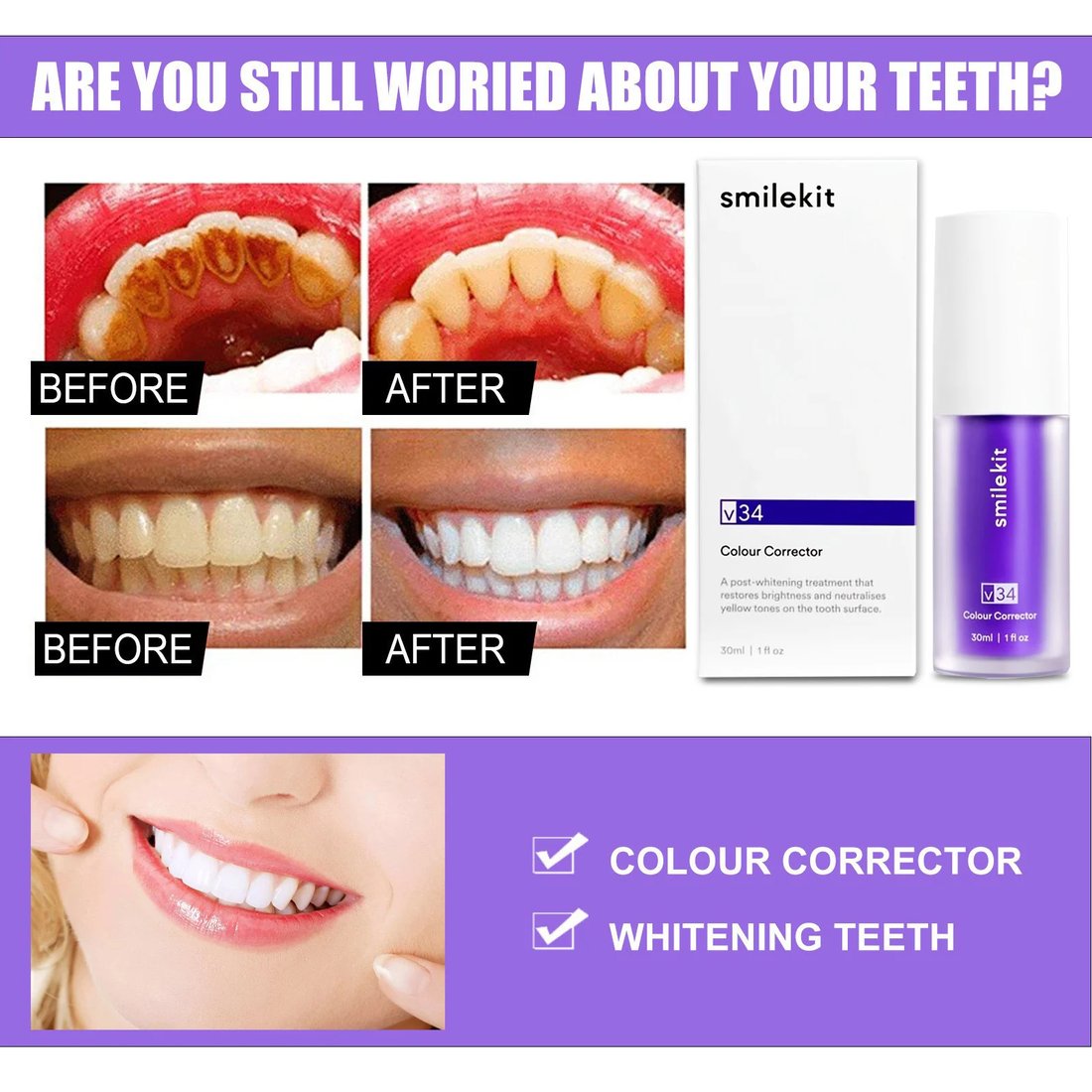 SMILEKIT New V34 Series Toothpaste Purple Color Corrector