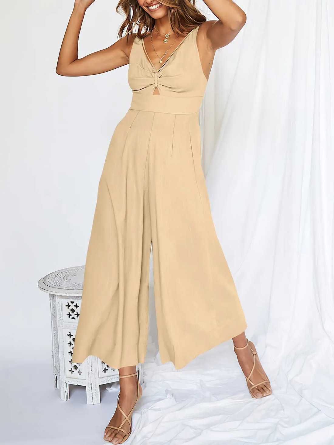 V Neck Cutout High-Waist Jumpsuits