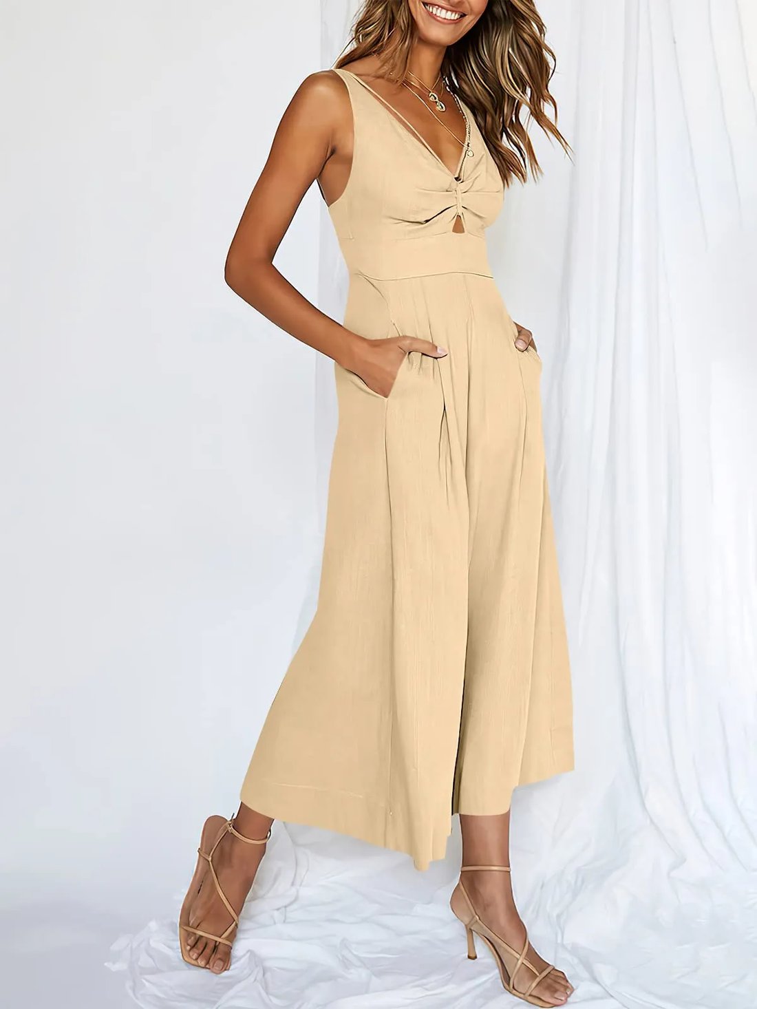 V Neck Cutout High-Waist Jumpsuits