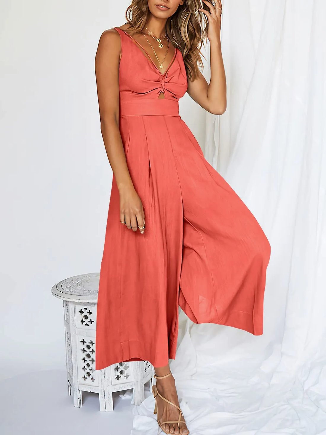 V Neck Cutout High-Waist Jumpsuits