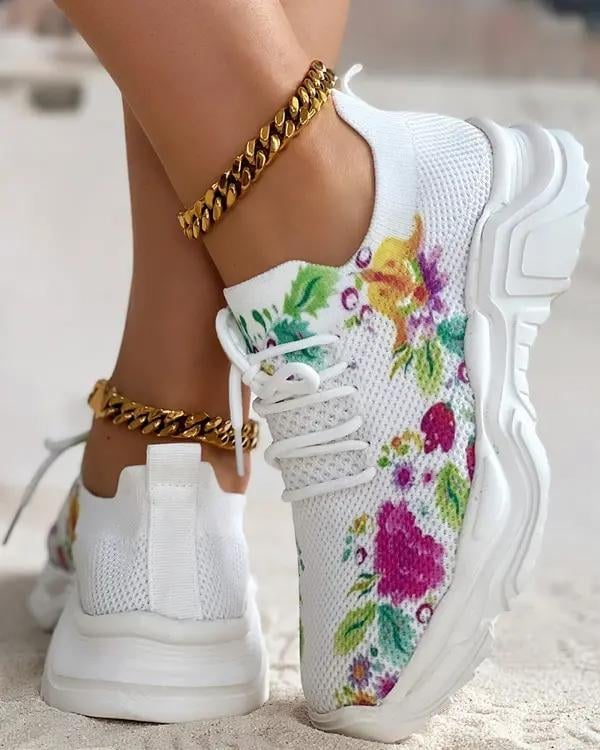 HOT SALE - Floral Print Lace - up Breathable Orthopedic Sneakers