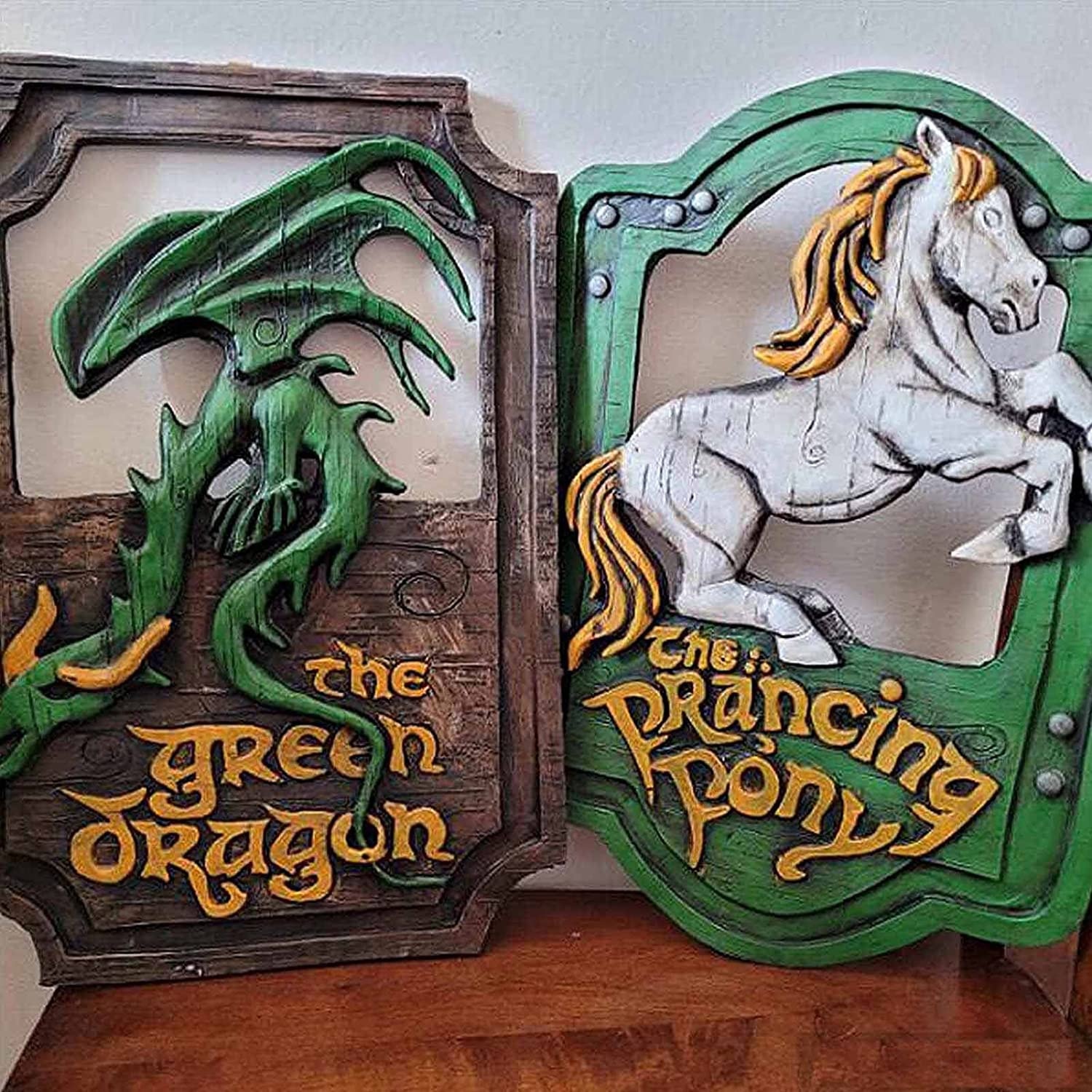 The Prancing Pony & The Green Dragon Pub Signs Set Handmade Bar Style - Lord of The Rings