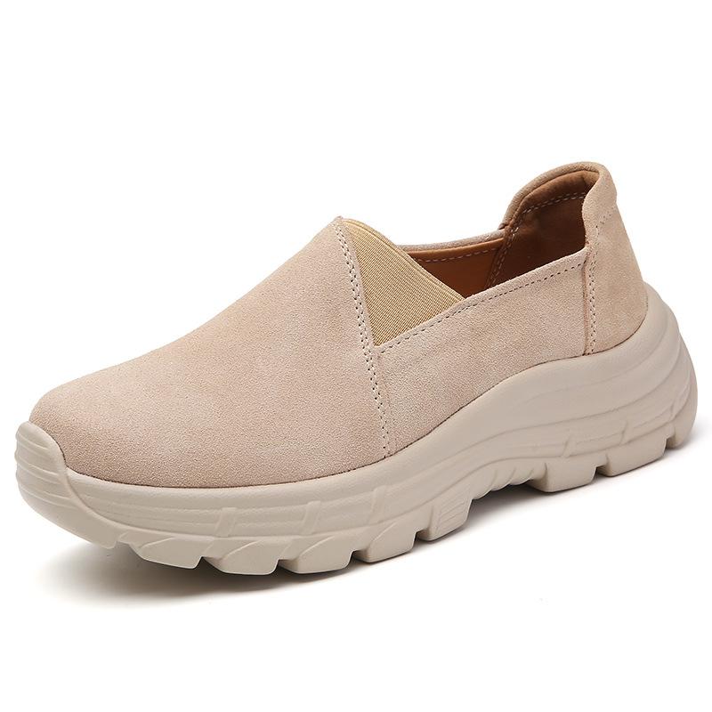 Autumn breathable leather elasticated slip on casual platform shoes