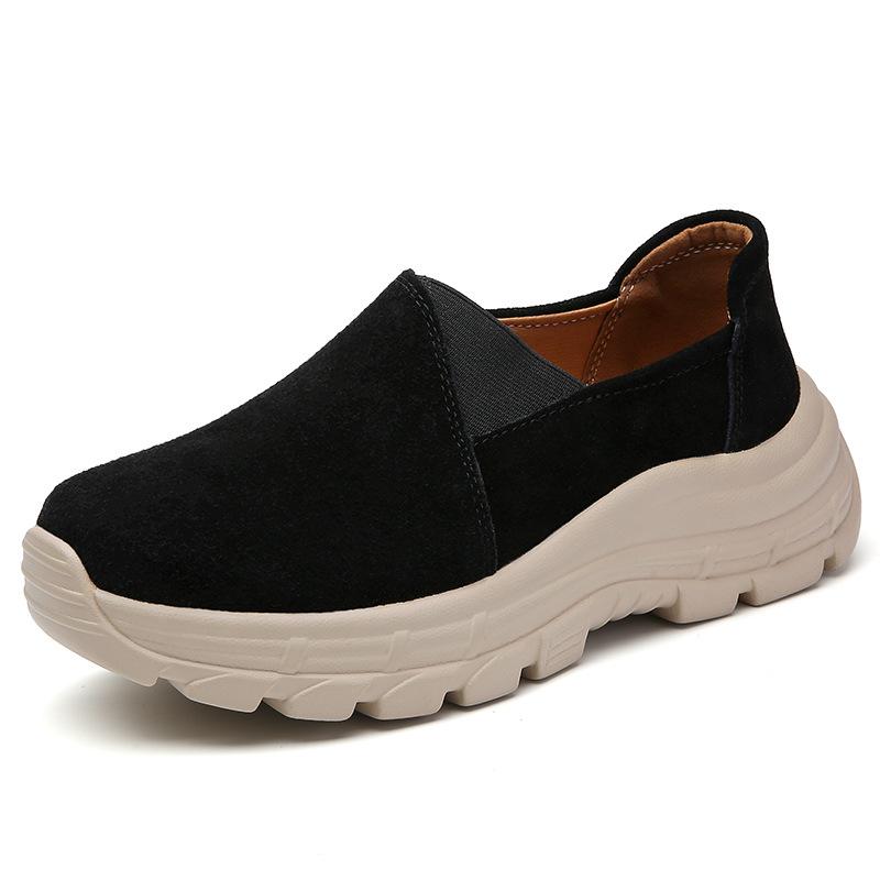 Autumn breathable leather elasticated slip on casual platform shoes