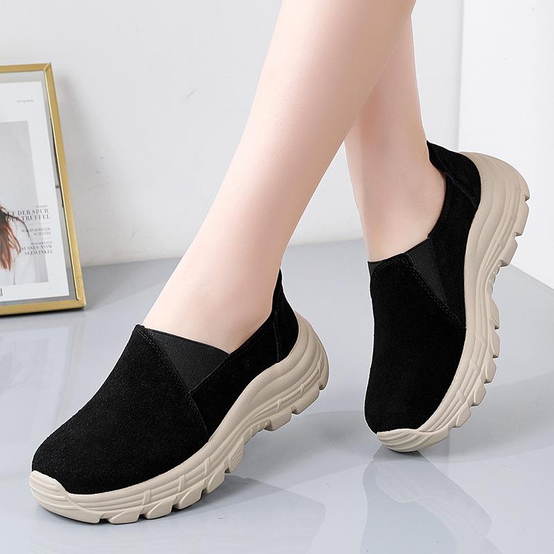 Autumn breathable leather elasticated slip on casual platform shoes