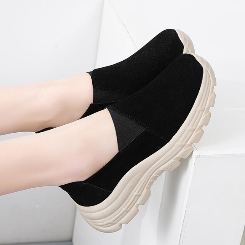 Autumn breathable leather elasticated slip on casual platform shoes