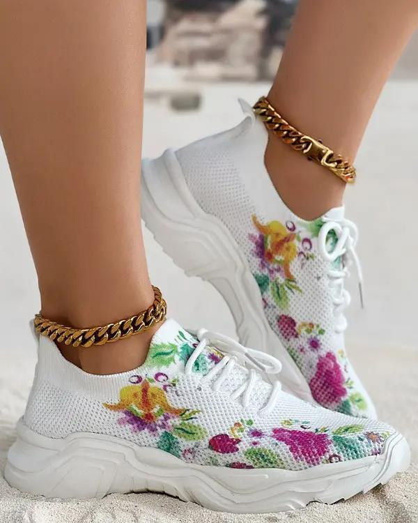 HOT SALE - Floral Print Lace - up Breathable Orthopedic Sneakers