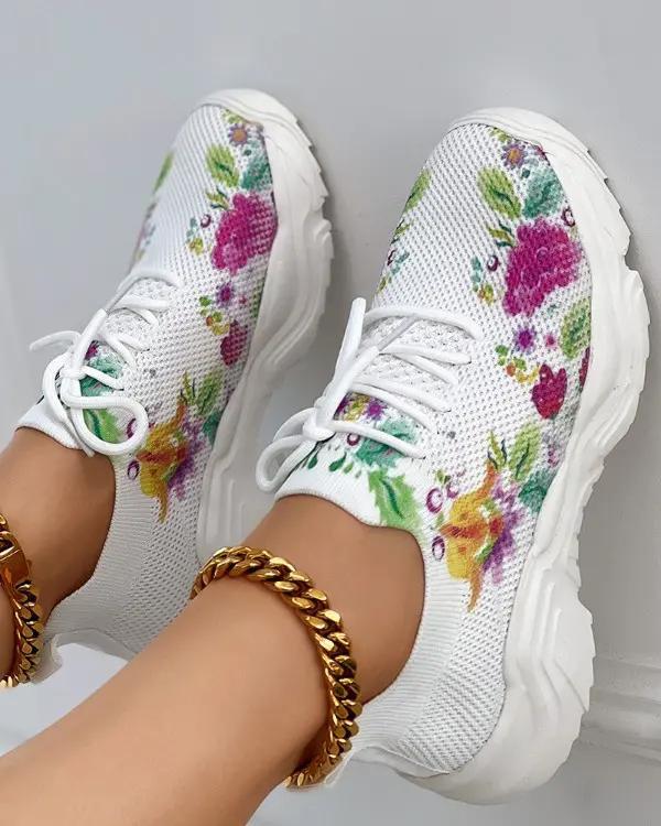 HOT SALE - Floral Print Lace - up Breathable Orthopedic Sneakers