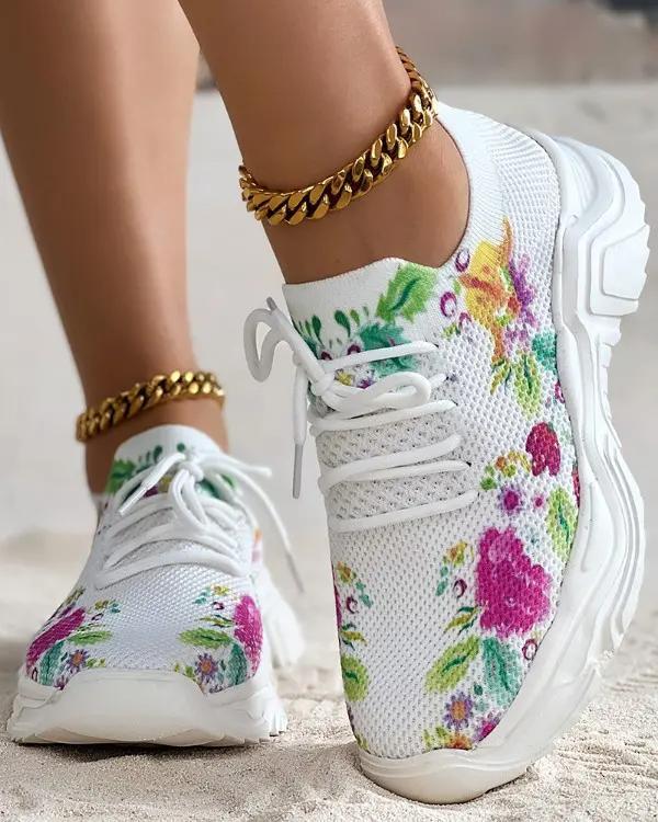 HOT SALE - Floral Print Lace - up Breathable Orthopedic Sneakers