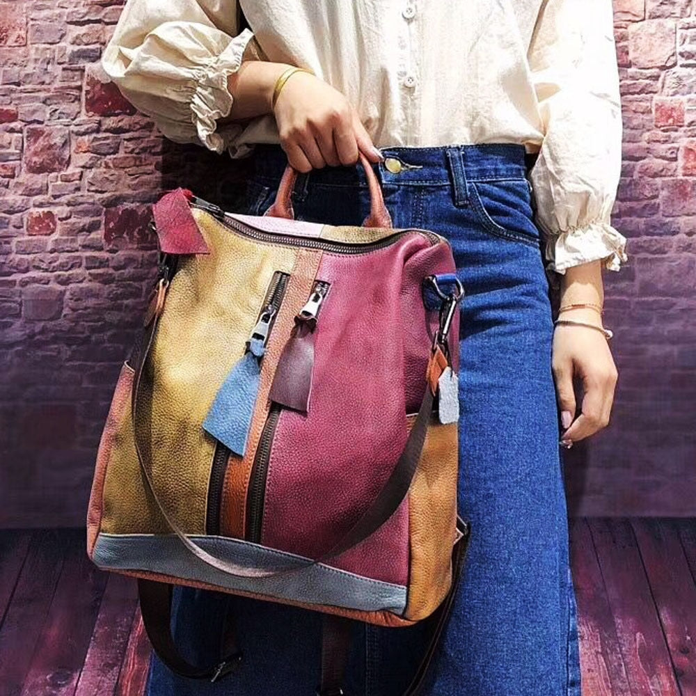 Multicolor Women Leather Zipper Backpack