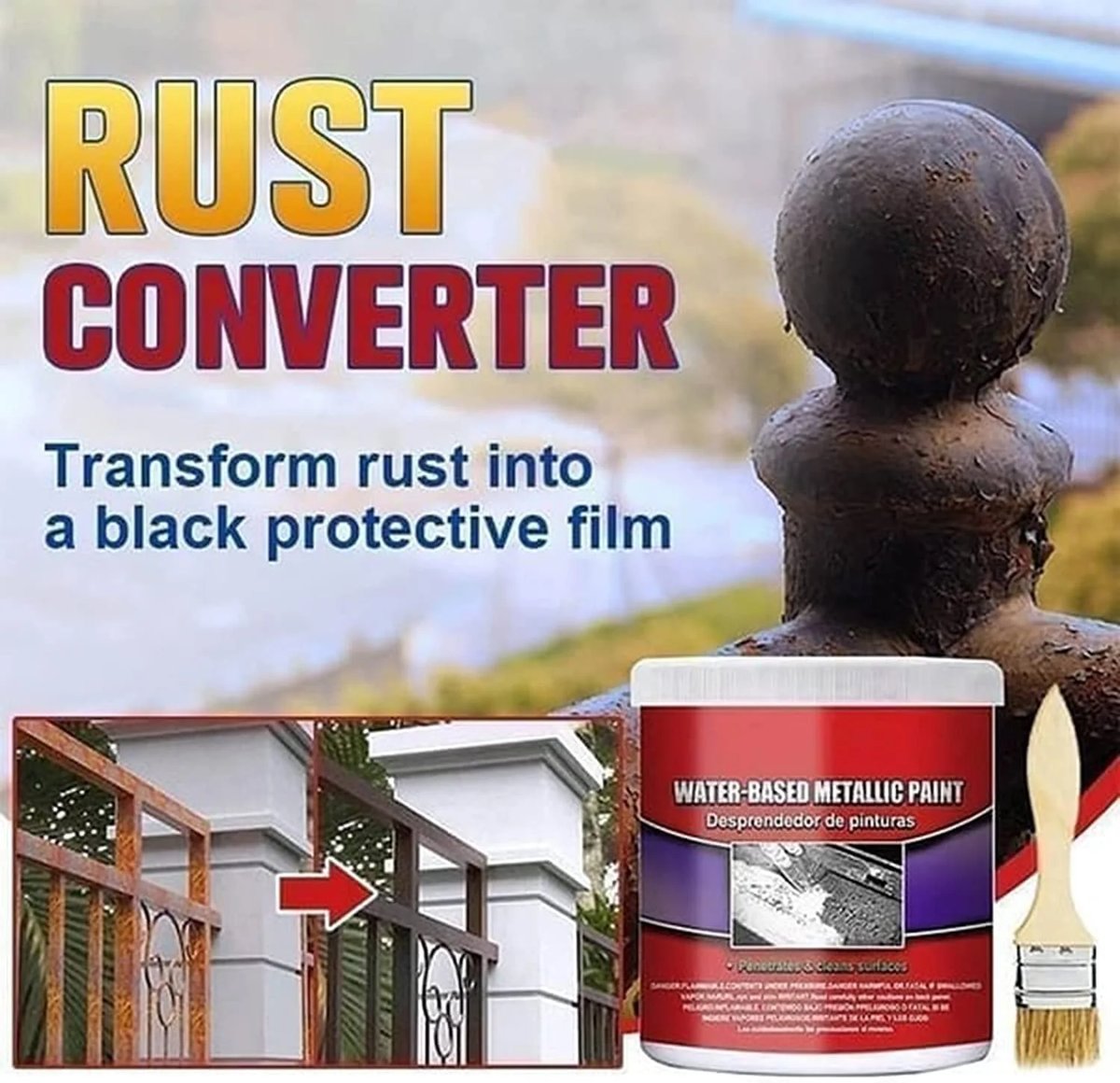 Rust Converter for Metal (Water-Based Metallic Paint Rust Remover with Brush)