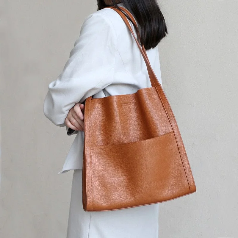 SOLID COLOR SIMPLE GENUINE LEATHER SHOULDER BAG