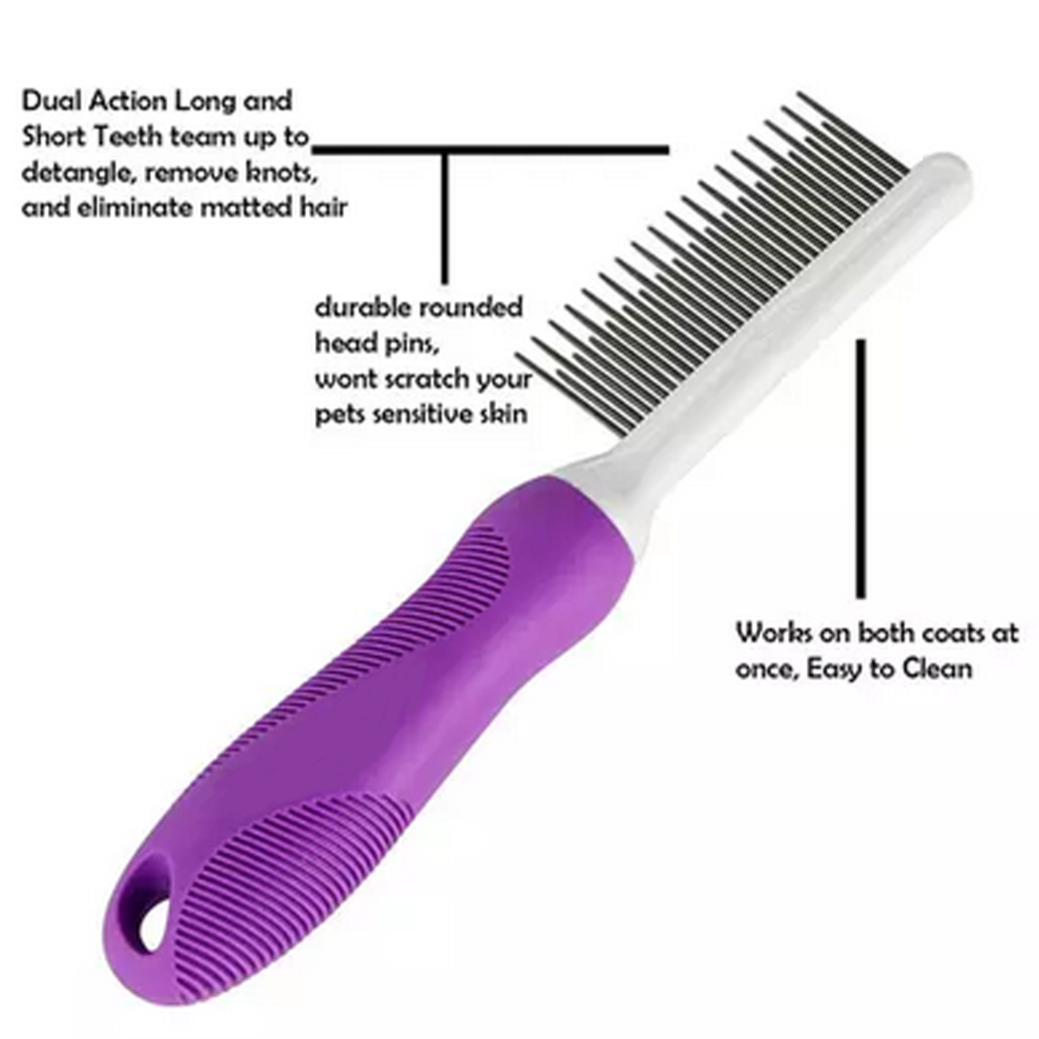 Detangling Pet Comb with Long & Short Stainless Steel Teeth for Removing Matted Fur