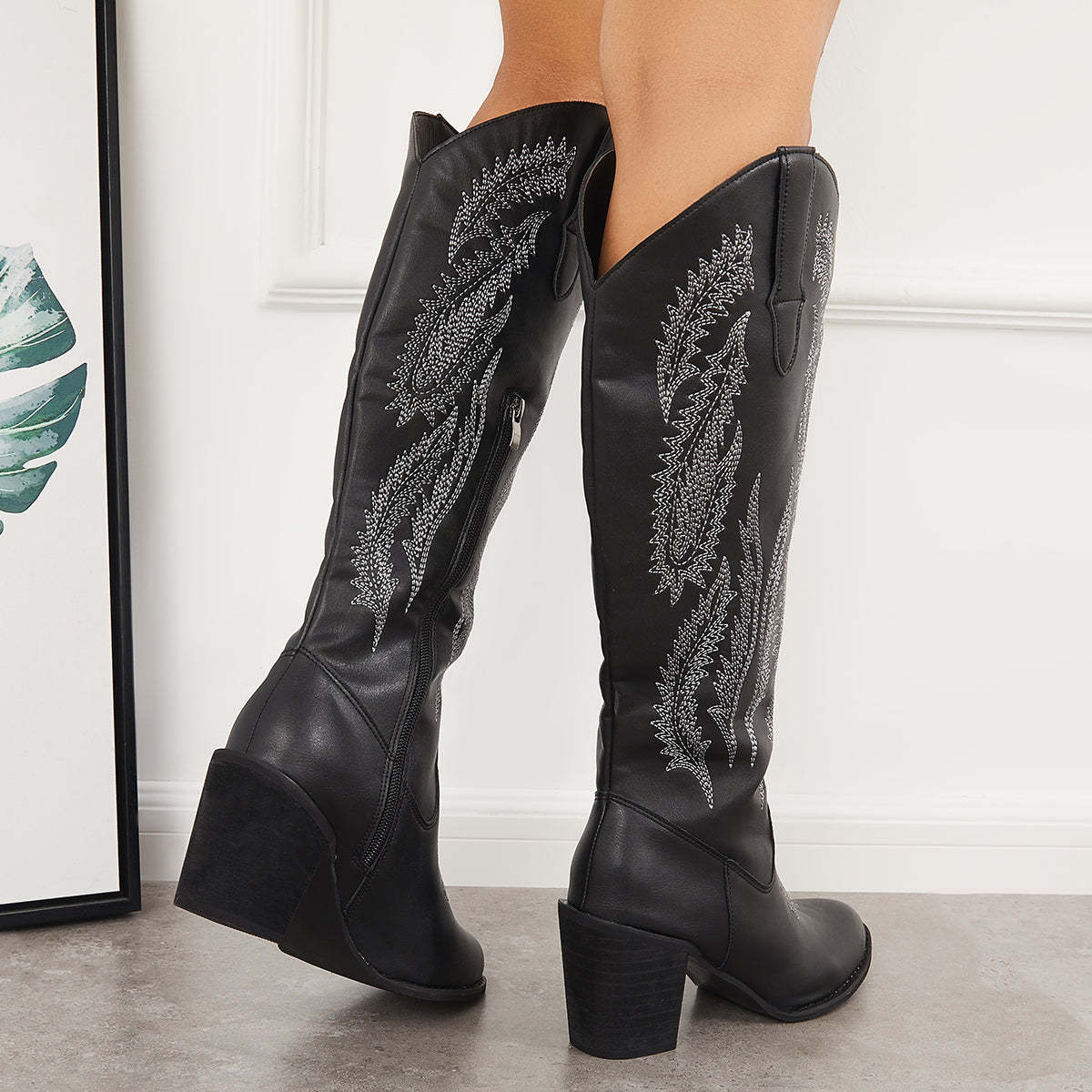 HOT SALE! The Stitch Detail Embroidered Design Side Zipper Boots