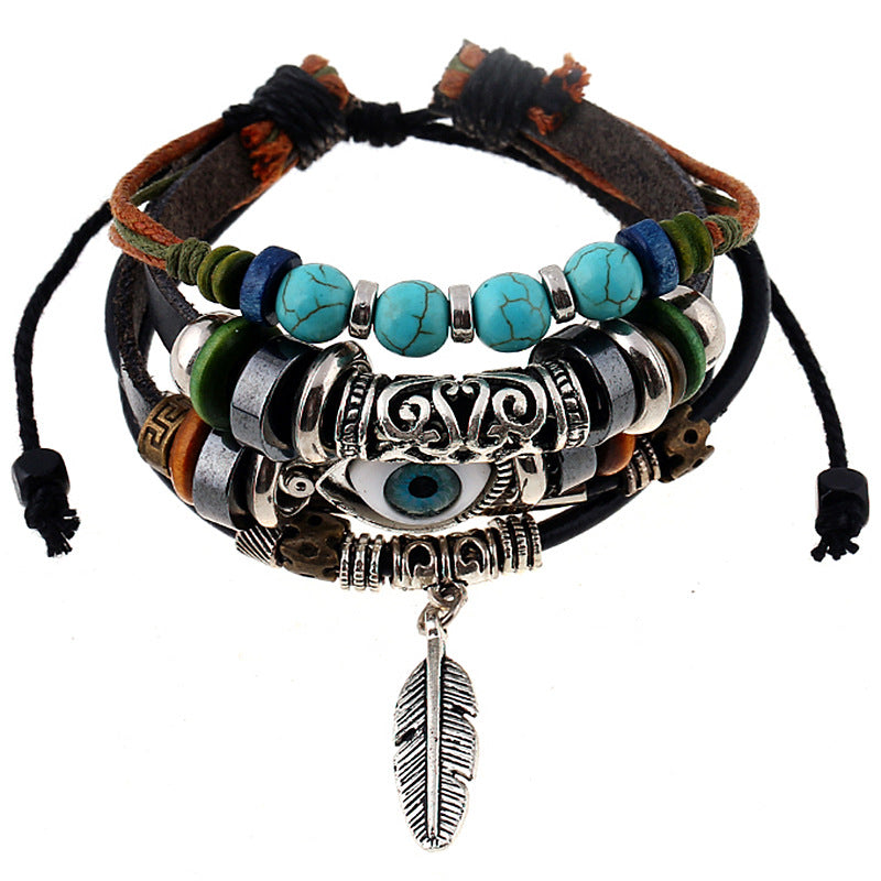 Beaded Multi-layer Blue Eye Cowhide Bracelet Ethnic Feather Pendant Bracelet