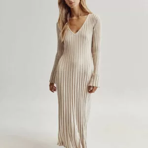 Crew Neck Sleeved Knit Midi Dress