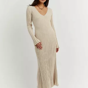 Crew Neck Sleeved Knit Midi Dress