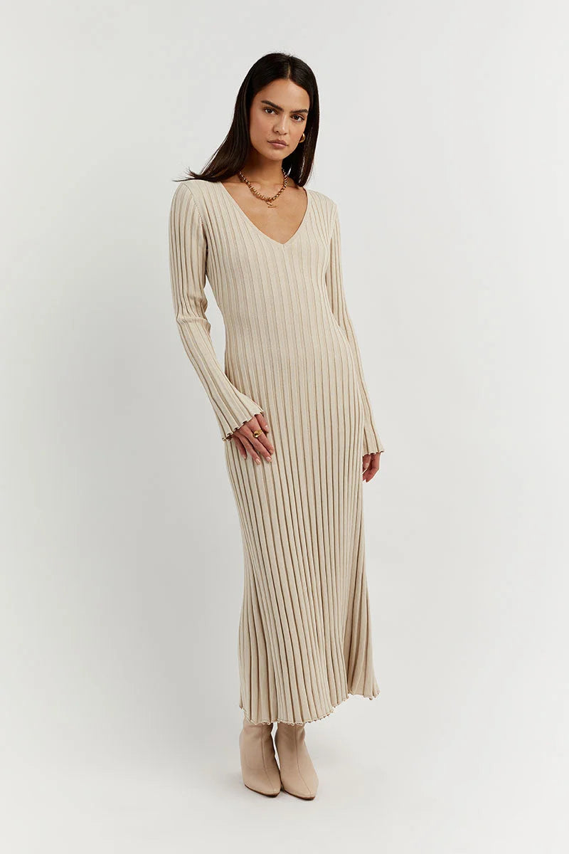 Crew Neck Sleeved Knit Midi Dress