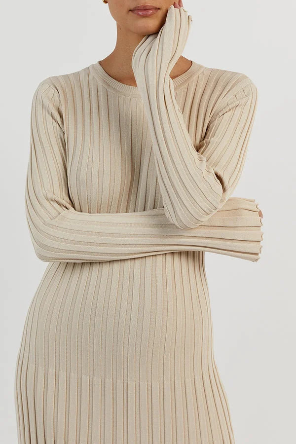 Crew Neck Sleeved Knit Midi Dress