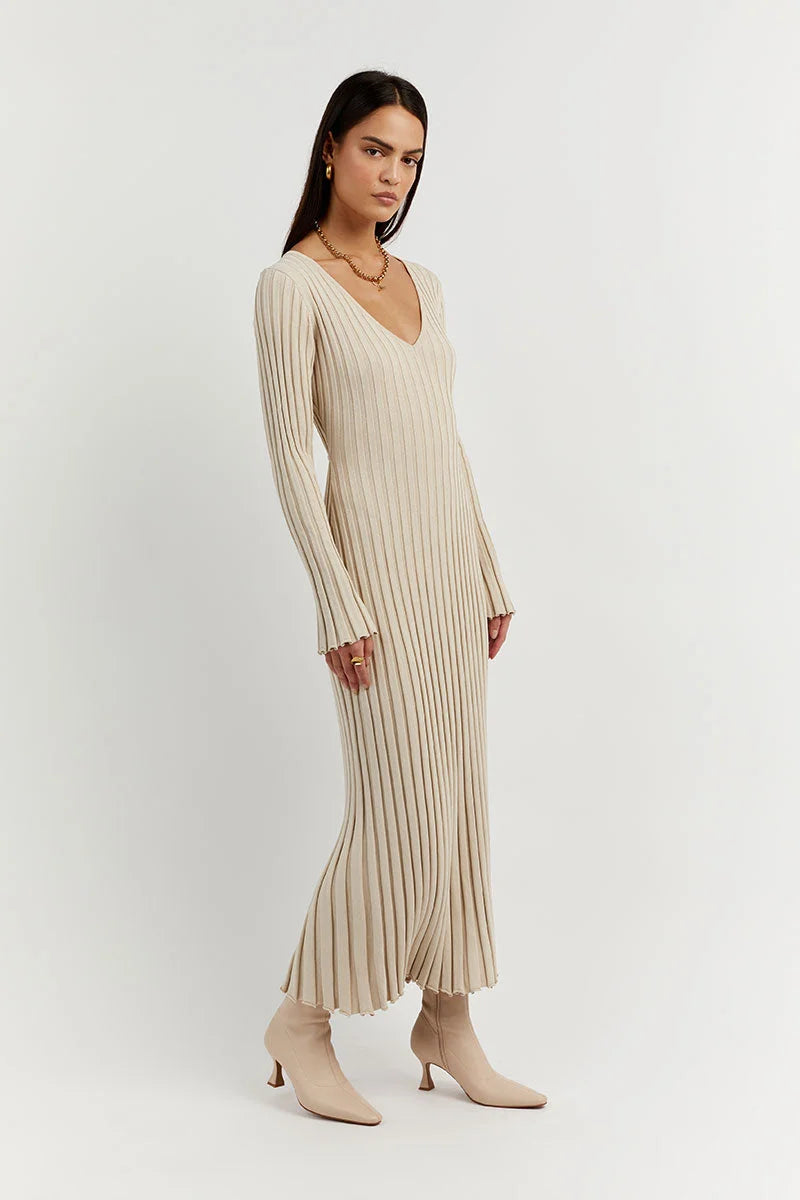 Crew Neck Sleeved Knit Midi Dress