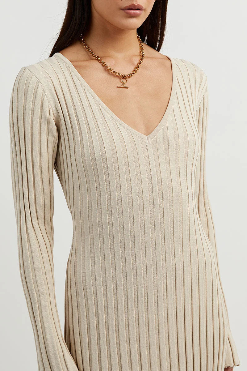 Crew Neck Sleeved Knit Midi Dress