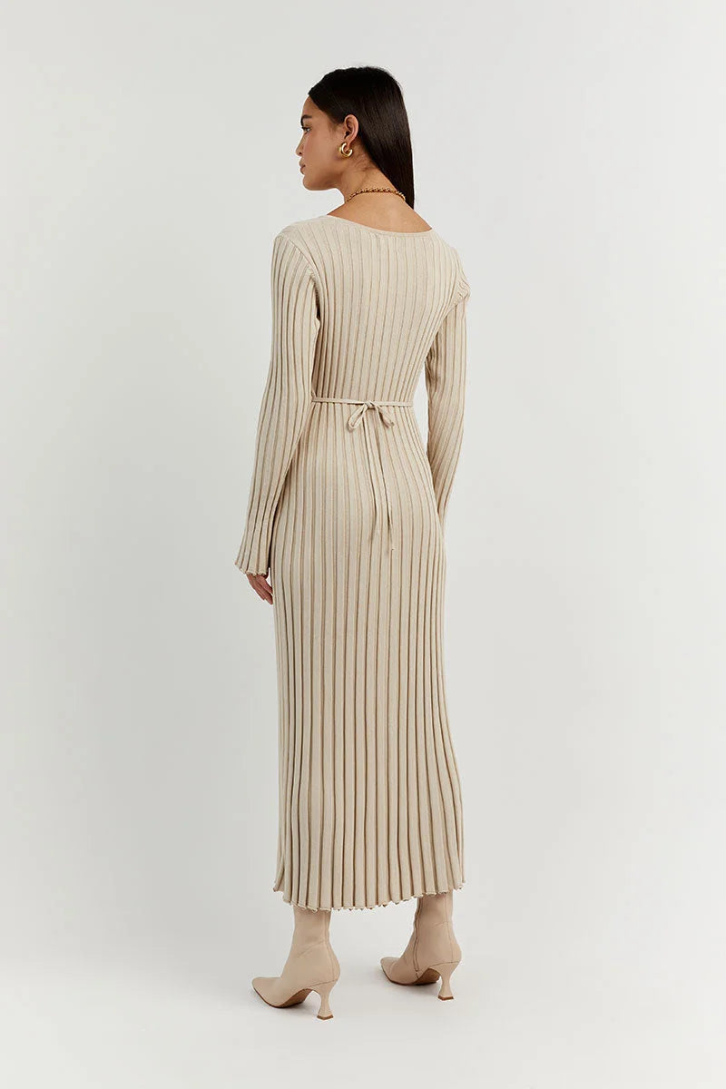 Crew Neck Sleeved Knit Midi Dress