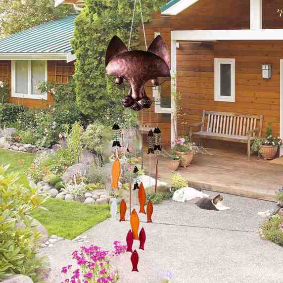 Handcrafted Metal Cat and Recycled Glass Fish Wind Chime