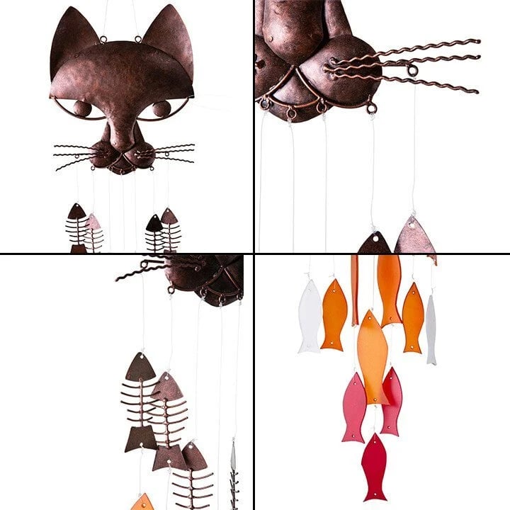 Handcrafted Metal Cat and Recycled Glass Fish Wind Chime