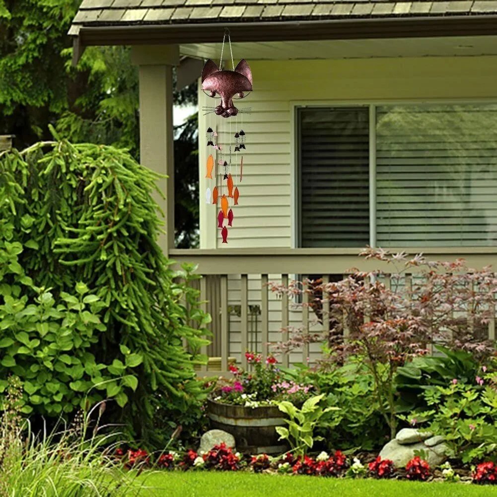 Handcrafted Metal Cat and Recycled Glass Fish Wind Chime