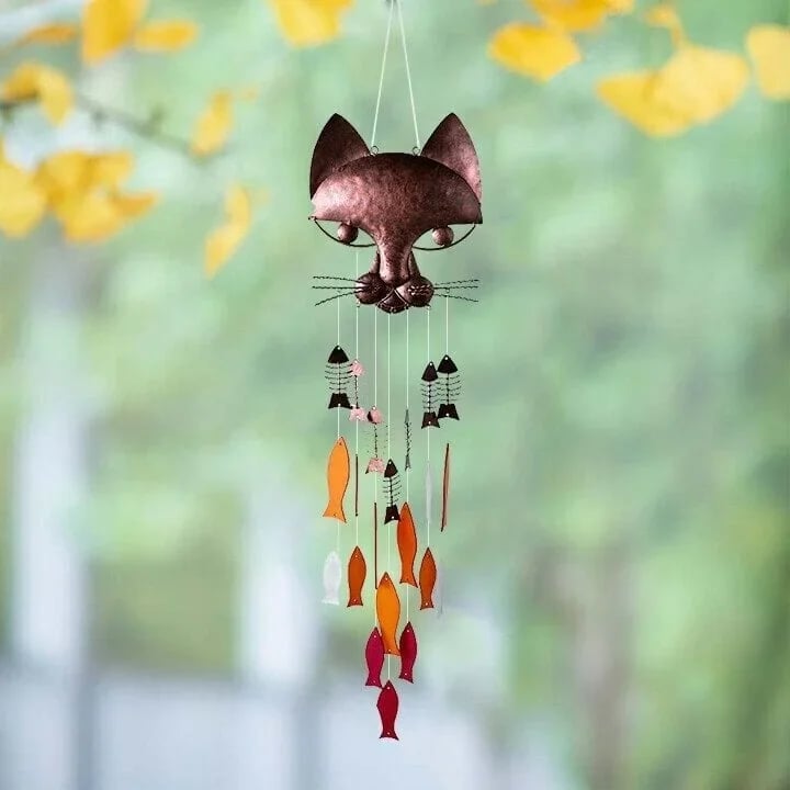 Handcrafted Metal Cat and Recycled Glass Fish Wind Chime