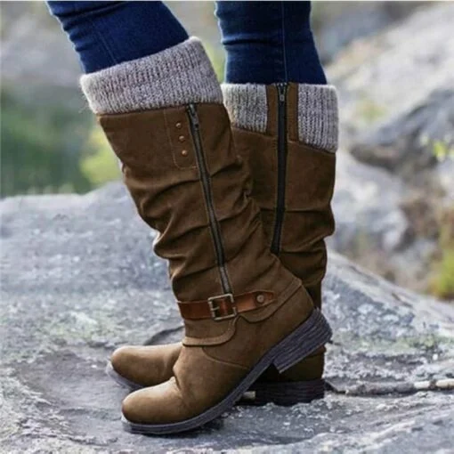 LAST DAY 40% OFF - Women's Leather Flat Heel Mid-Calf Zipper Boots