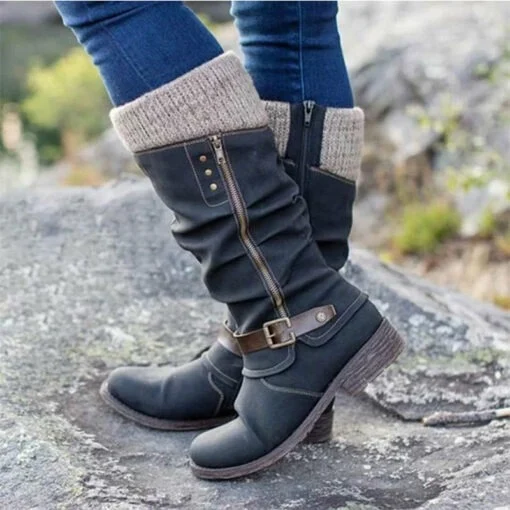 LAST DAY 40% OFF - Women's Leather Flat Heel Mid-Calf Zipper Boots