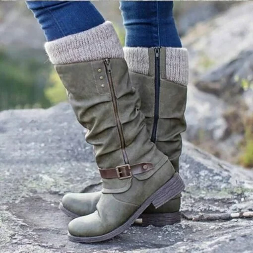 LAST DAY 40% OFF - Women's Leather Flat Heel Mid-Calf Zipper Boots