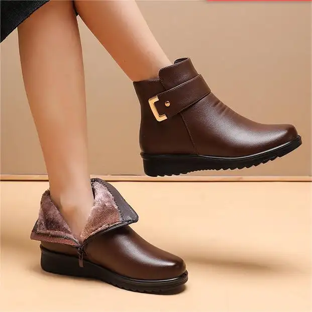 Moostep Genuine Leather Metal Buckle Velvet Boots