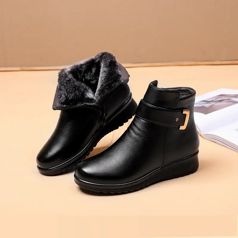 Moostep Genuine Leather Metal Buckle Velvet Boots