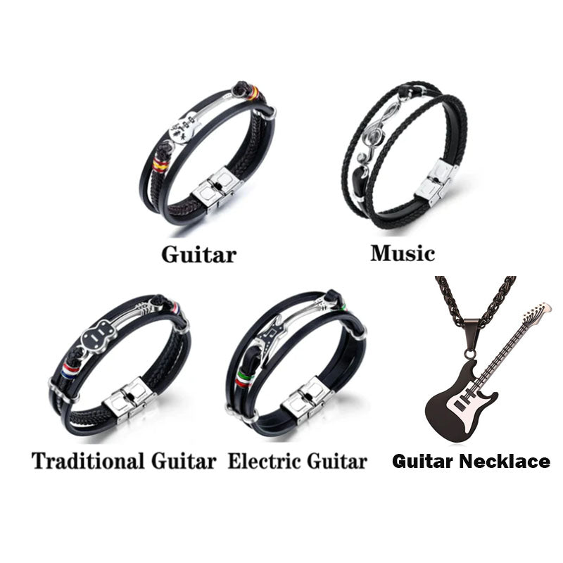 Musicwaker - High-quality Leather Handmade Unique Bracelet Limited Edition (Guitar+Traditional guitar+ Beth+ Guitar Necklace+Music )