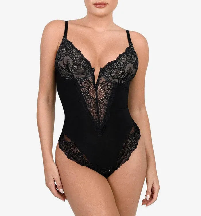 PopShape Deep-V Neck Lace Thong Bodysuit