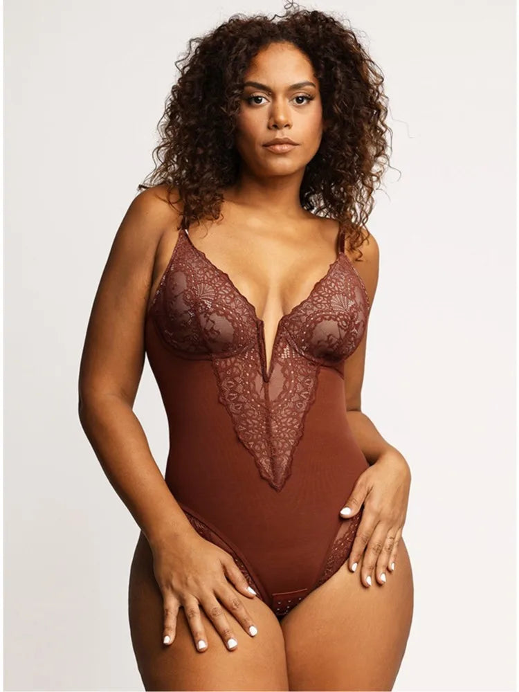 PopShape Deep-V Neck Lace Thong Bodysuit