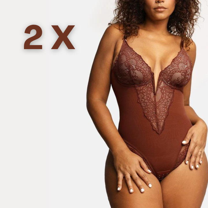 PopShape Deep-V Neck Lace Thong Bodysuit