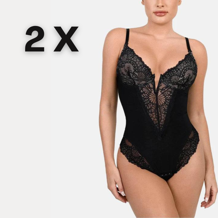 PopShape Deep-V Neck Lace Thong Bodysuit