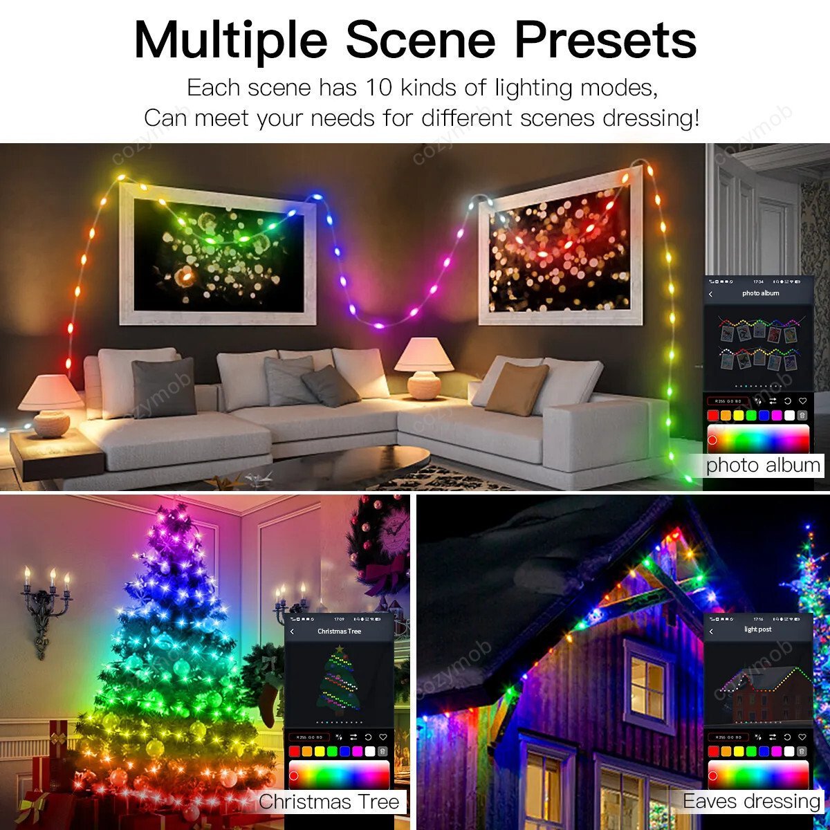 RGB Christmas LED Lights Fairy-String Smart Bluetooth Control + Music Sync.