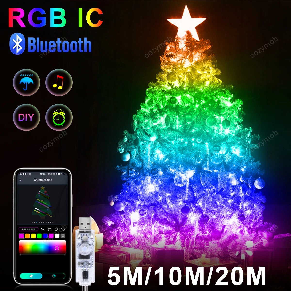 RGB Christmas LED Lights Fairy-String Smart Bluetooth Control + Music Sync.