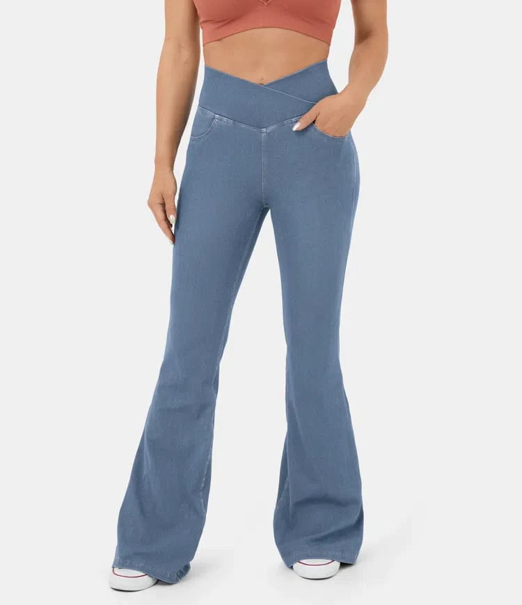 Stretchy Denim High Waisted Crossover Flare Pants