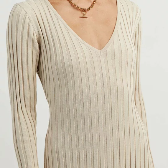 V-Neck Sleeved Knit Midi Dress
