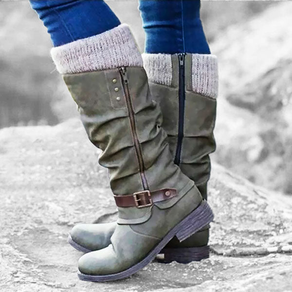 Women's Leather Flat Heel Mid-Calf Zipper Boots