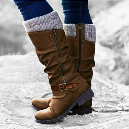 Womenâ€™s Leather Flat Heel Mid-Calf Zipper Boots