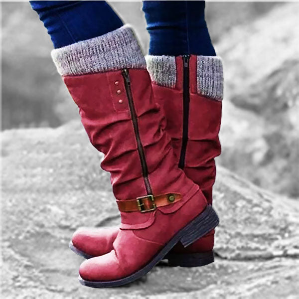 Women's Leather Flat Heel Mid-Calf Zipper Boots