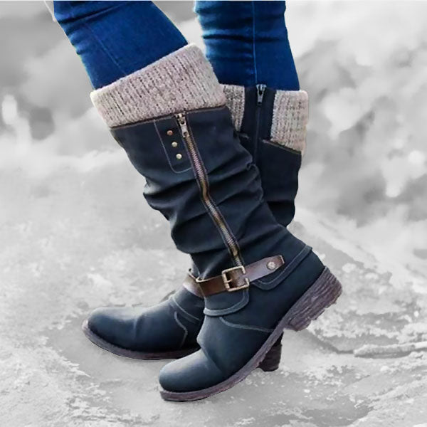 Women's Leather Flat Heel Mid-Calf Zipper Boots