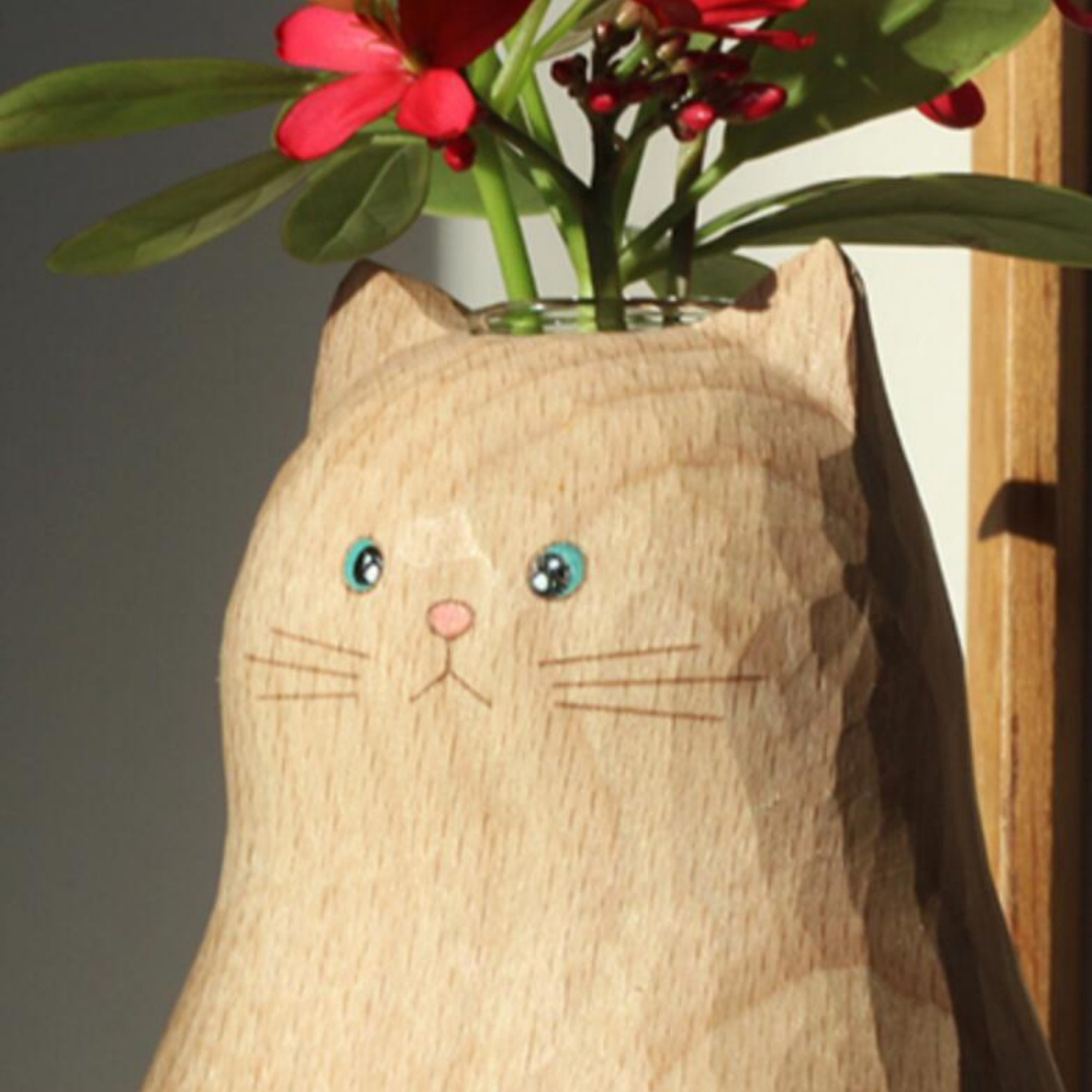 Handmade Wooden Cat Vase